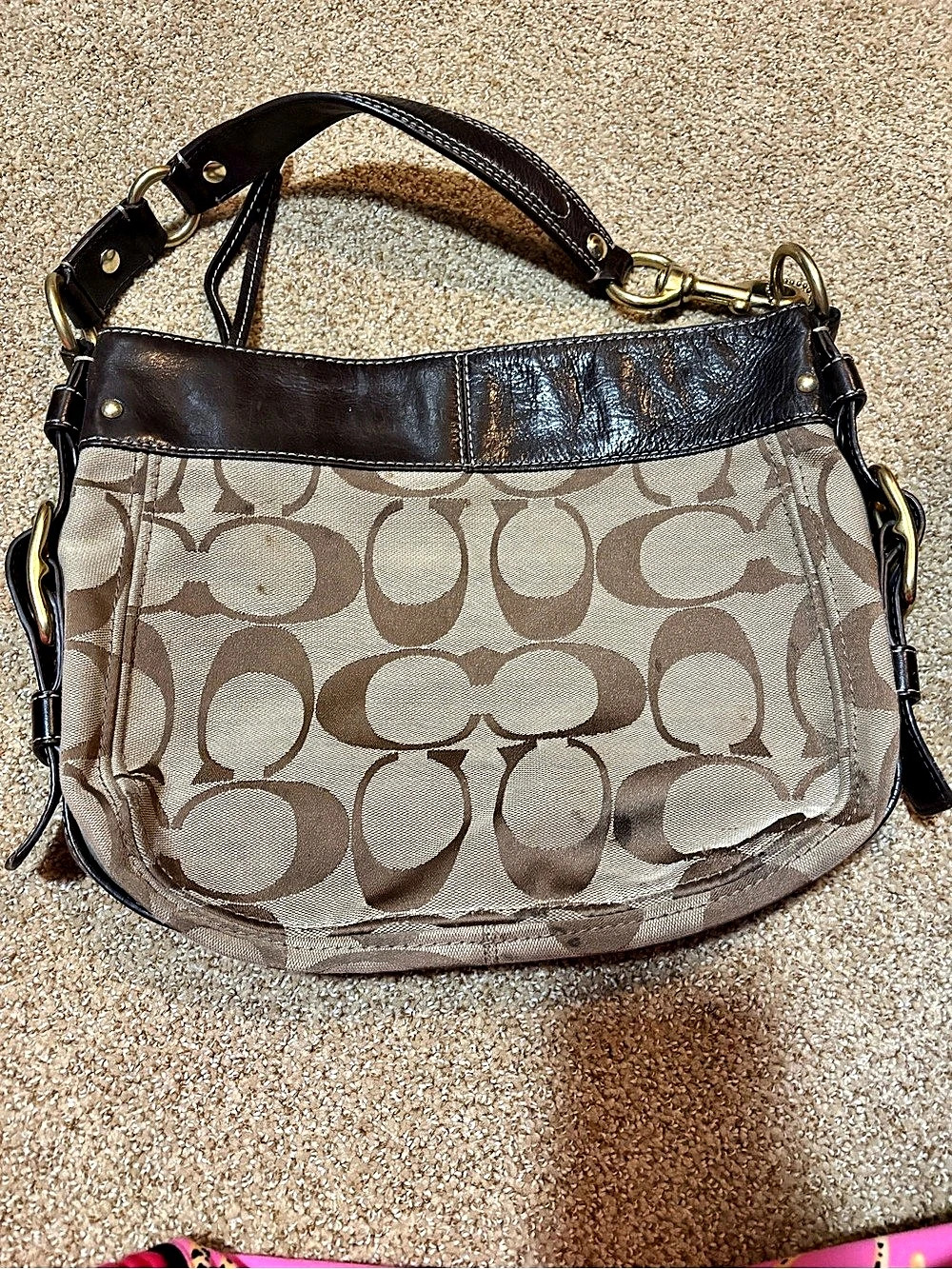 Coach Hamptons Signature Hobo Bag Signature Shoulder Bag in Brown & Beige